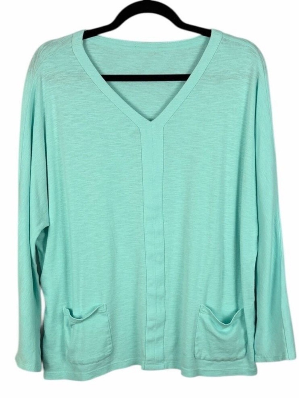 Chico’s Aqua Blue V-Neck Top Long Sleeve Soft Knit Relaxed Fit Pockets XL